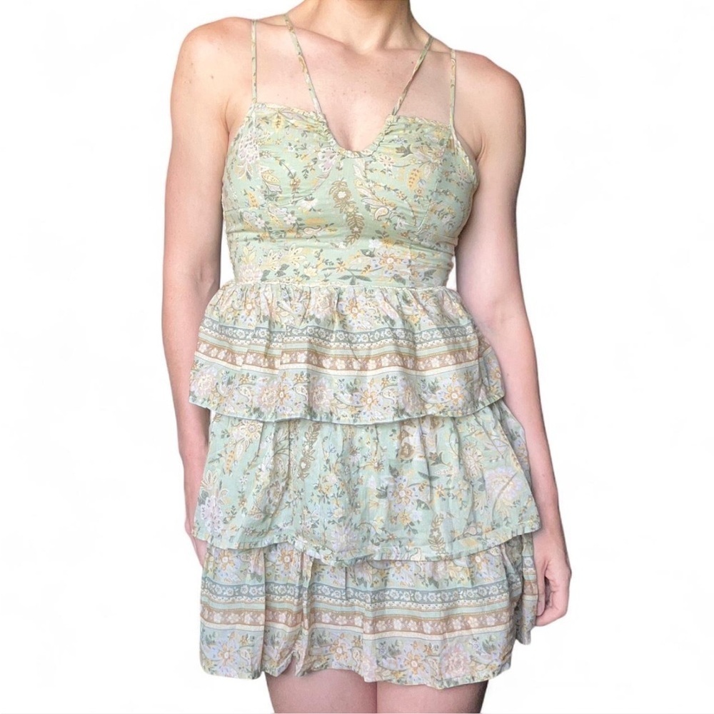Green floral women’s American Eagle tiered ruffle mini dress size XS